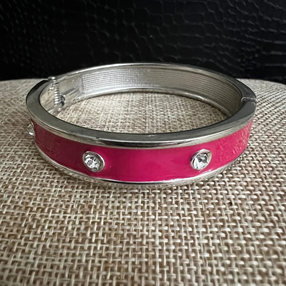 Hot Pink Enamel Rhinestone Silver Tone Hinge Bangle Bracelet 7 Barbiecore